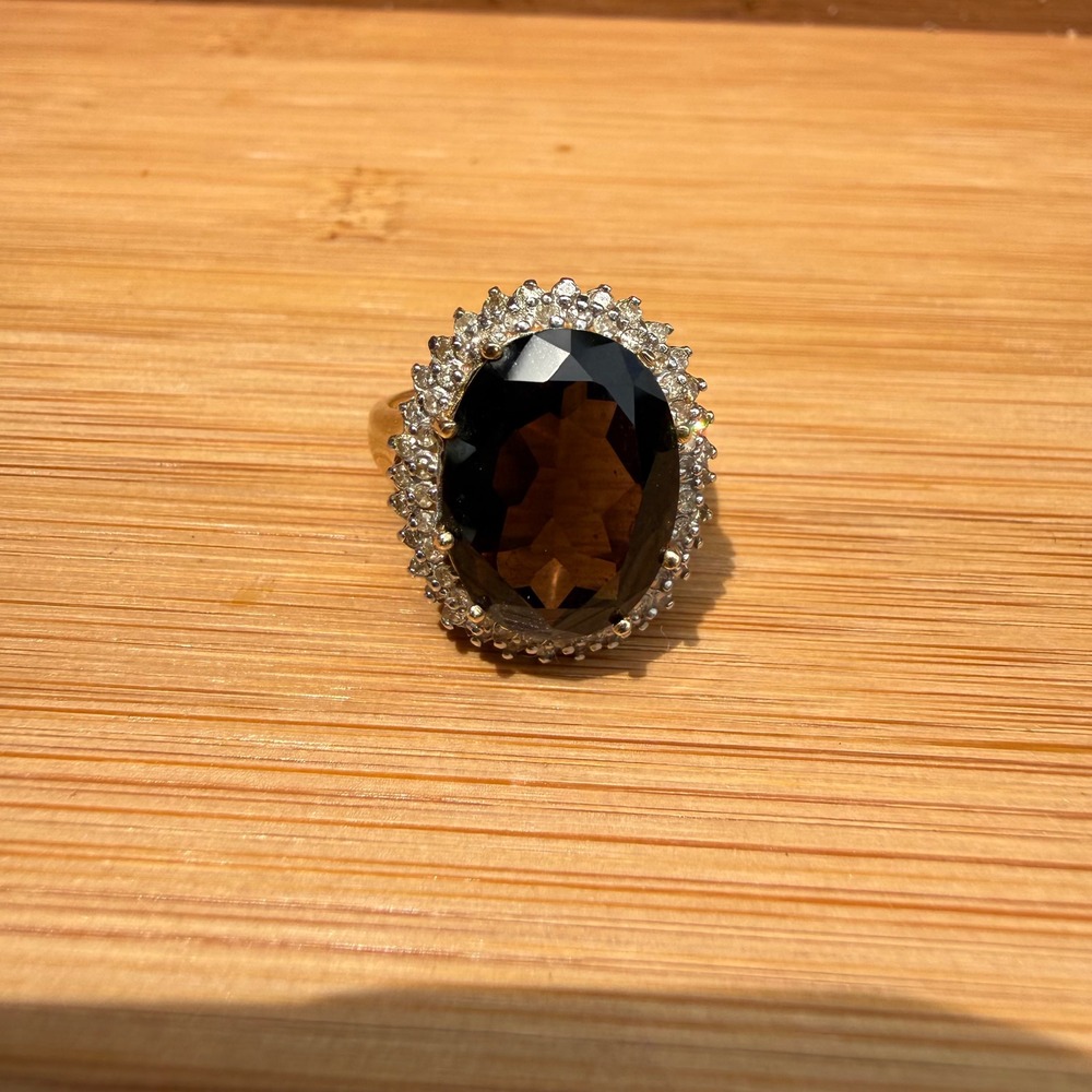 Vintage 14k Yellow Gold Smoky Quartz Halo Cocktail Ring Size 8.75 7g